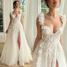Luxury A-Line Wedding Dresses Sweetheart Sleeveless Lace 3D Flower Bridal Gowns