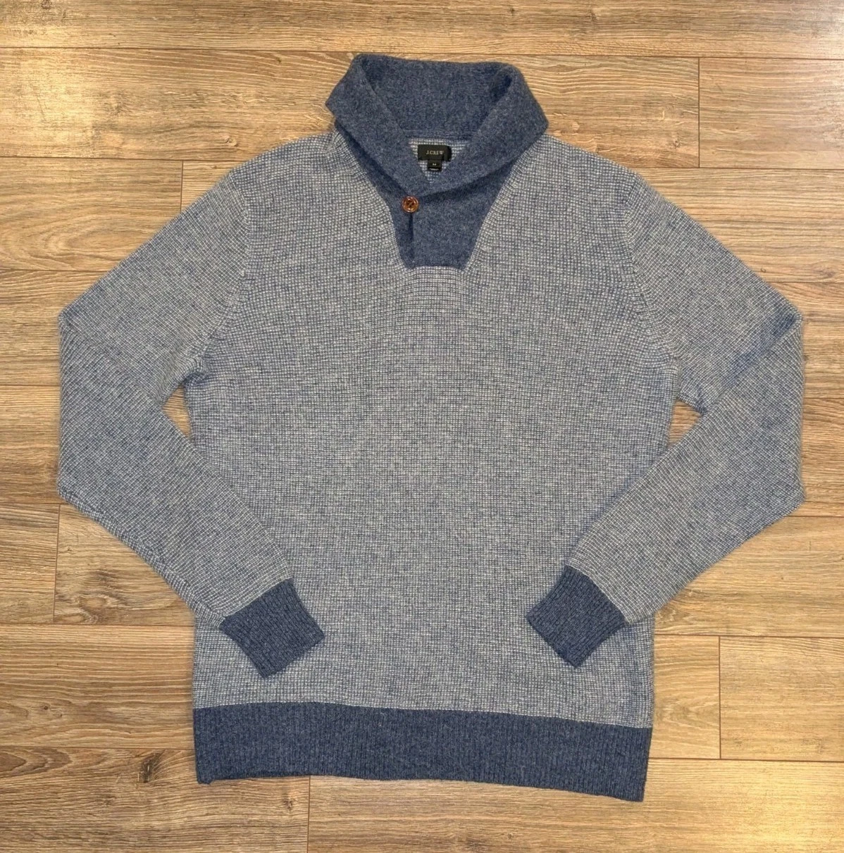 J.CREW 100% Wool Shawl Neck Sweater Mens Blue Contrast Collar - M EUC