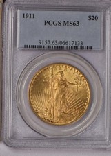 1911 Gold St. Gaudens Double Eagle $20 PCGS MS63. Scarcer date.