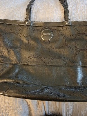 Coach Metallic logo zip top tote bag double handles silver hardware blue lining