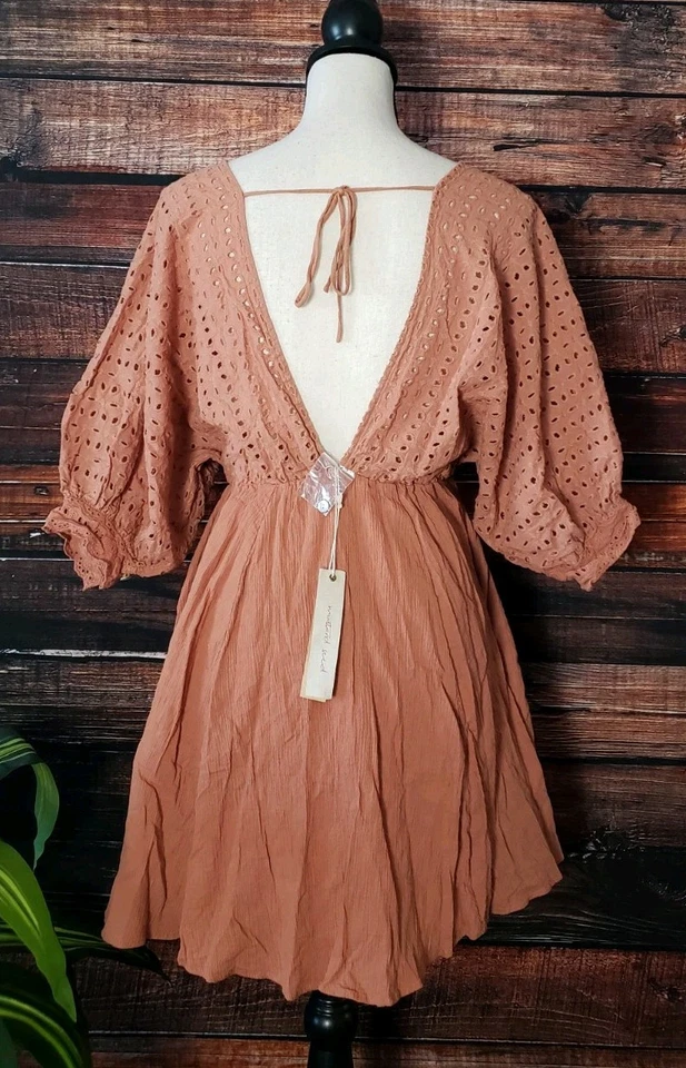 Vestido Semilla Mostaza Pequeño Ojales Manga Globo Algodón Coral Espalda en V Boho NUEVO Foto 2 de 4