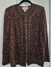 Vintage Laurence Kazar Brown Beaded Jacket Women's Size M Shoulder Pads