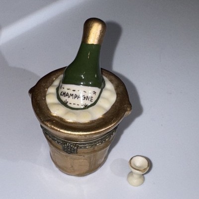 Champagne Bottle In Ice Bucket W/ Wine Glass Charm Hinged Trinket Box Jar 2.5 T