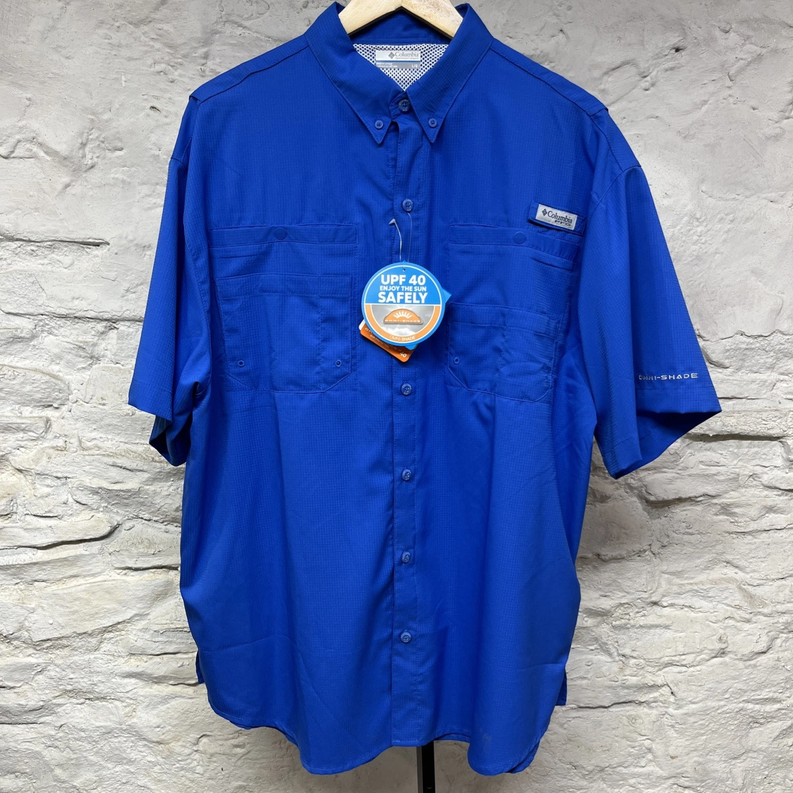 New w/ Tags Columbia Tamiami Solid Short Sleeve Fishing Shirt Blue Large Hiking