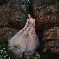 Long Sleeve V Neck Evening Dress Embroidery Flower Party Prom Dress Plus Size