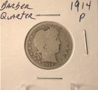 1914 P Barber Quarter - U.S. 25 cents silver coin in circulated condition