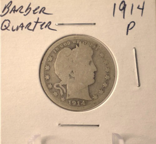 1914 P Barber Quarter - U.S. 25 cents silver coin in circulated condition