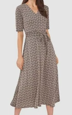 Msk Womens Beige Printed V-Neck Fit & Flare Midi Dress Size: L