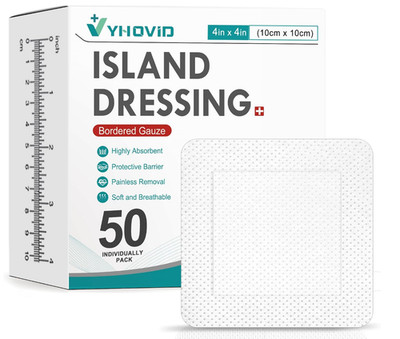 50 Count Island Dressing Bordered Gauze 4'' x 4'', Gauze Pads Individually Wrapped