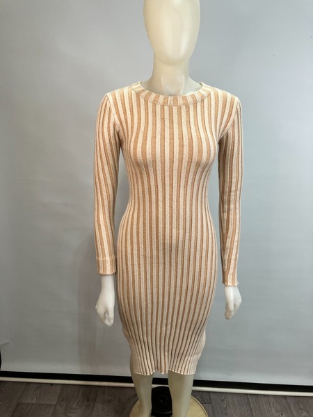 Ghanda Beige Cream Ribbed Knit Bodycon Midi Dress Long Sleeve Casual XS