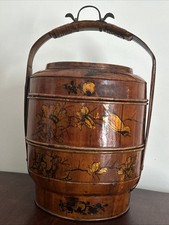 1930s Antique Chinese Hand-Painted 3 Tier Wedding Basket with Handle