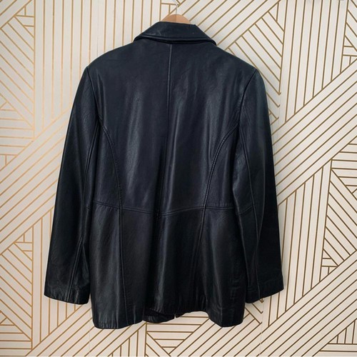 Kenneth Cole Reaction Leather jacket zipper front long line silhouette collar L - Picture 8 of 9