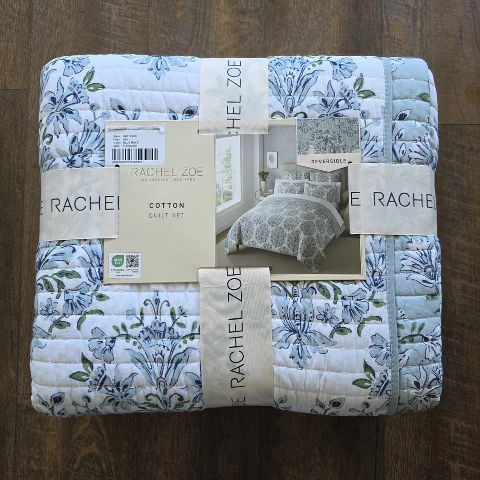 Edredón medallón de algodón Rachel Zoe Full Queen reversible azul NUEVO Foto 3 de 4