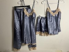 4 Pieces Silk Satin Sleepwear Women Pajama Set Lace Sleep Nightwear Home wear M