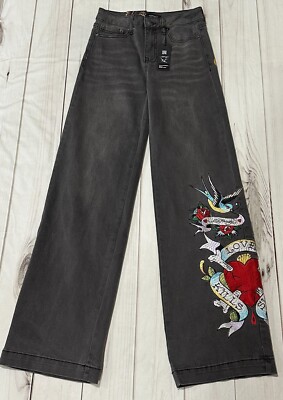 NWT Ed Hardy Rose Love Embroidered Heart Washed Black Wide