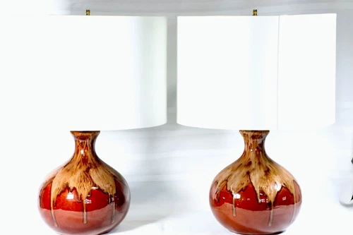 Great Examples of MCM Fat Lava Drip Glaze Ceramic Table Lamps, Brown,Shades inc