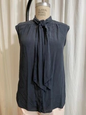 Miss Wu black silk sleeveless blouse with self scarf at neckline sz- 6