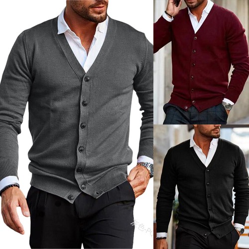 Mens Plain Knitted V Neck Buttoned Cardigan Fine Basic Knitwear Warm Top Button - Picture 1 of 18