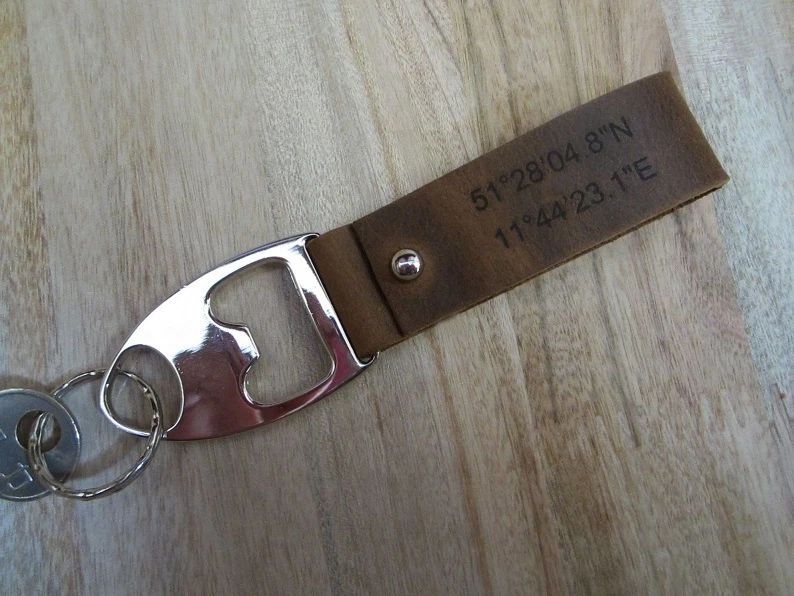 Custom Bottle Opener Keychains Engraved Leather Keychain Mens husband gift - Image 2 of 4