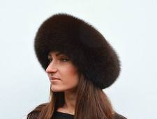 Sombrero enrollable de bóveda de invierno para mujer artesanal de piel de zorro chocolate marrón y cuero marrón