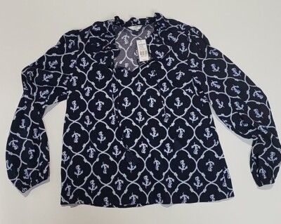 Crown & Ivy Navy Blue Nautical Anchor Flag Boho Blouse Top Women s Small NWT 