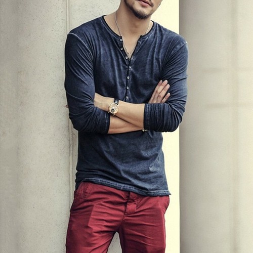 V-Ausschnitt Bluse-Henley Knopf+Oberteile T-Shirts Freizeit-Herren Langarm Baumwolle+lose// - Bild 15 von 16