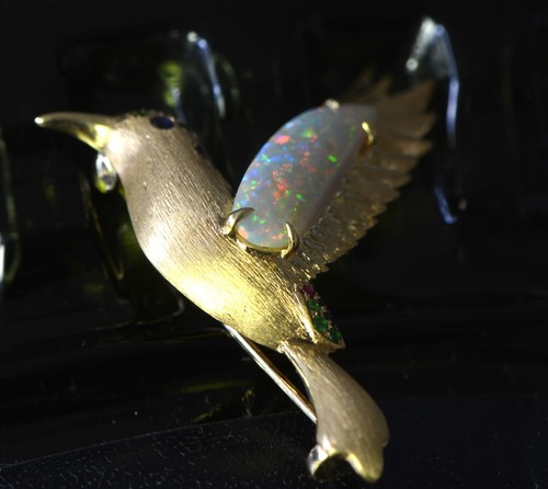 Solid Red Fire Opal Brooch & Pendant 18K Gold Diamond Sapphire Ruby Bird YesOpal - Picture 5 of 7