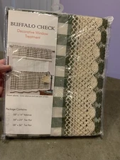 Valance/Tiers Buffalo Check Window Curtain, 58" x 36” Sage & Ivory By Achim NEW