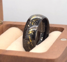 Gold Meteorite Inlay Ring Black Domed Tungsten Wedding Band Holiday Gift Band