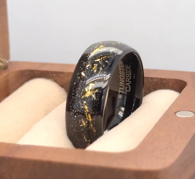 Yellow Gold Meteorite Inlay Ring Husband Gift Ring Black Tungsten Elegant Band