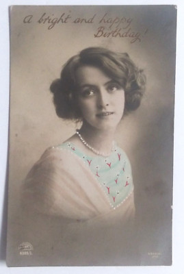 A Bright and Happy Birthday Portrait Young Lady Kiesel Antique Postcard c1910s