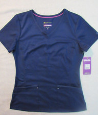 Purple Label Yoga by Healing Hands Women  s Size S Navy Blue V-Neck Scrub Top NWT
