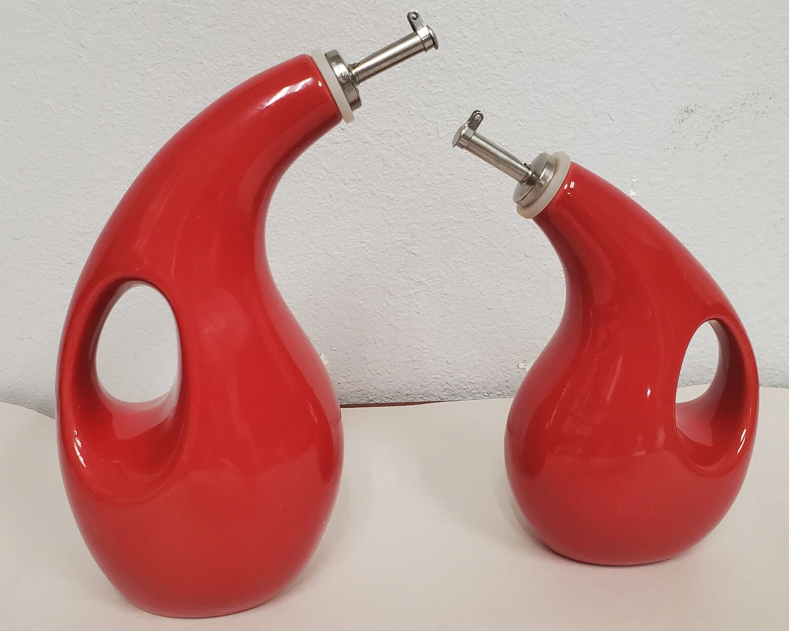 Rachael Ray Set of 2 Red Glaze EVOO Olive Oil Bottle Dispenser W/ Spout 9” & 8"