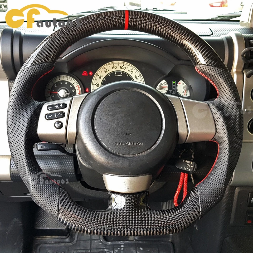 Volante plano de cuero perforado de fibra de carbono para Toyota FJ Cruiser 07-14 Foto 4 de 4
