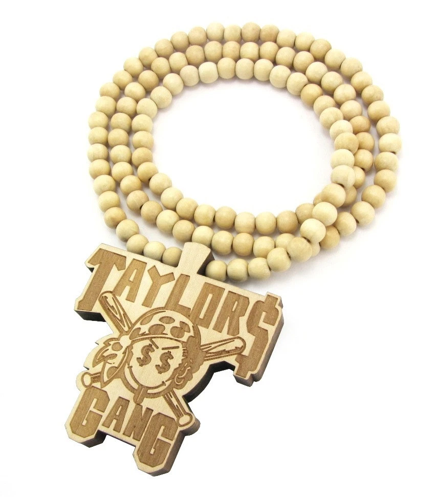 WOODEN WIZ KHALIFA TAYLOR GANG PENDANT PIECE CHAIN BEAD NECKLACE GOOD WOOD STYL