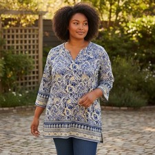 Chico  s Top Size 3 XL Blue Gold Paisley 3/4 Sleeve Tunic Blouse Women  s