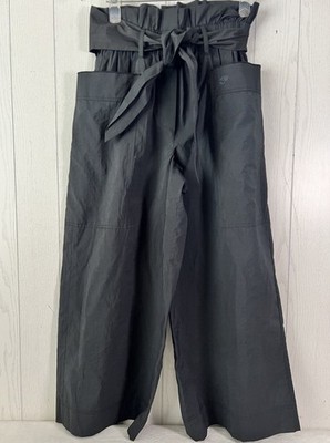 Nanushka Paper Bag Wide Leg Cropped Pants Off Black Large MSRP $395 Cotton