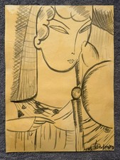 TAMARA DE LEMPICKA drawing and painting on old paper signed stamped vintage