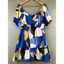 New NINE WEST Babydoll Mini Dress Abstract Print Smocked Bodice Puff Sleeve L