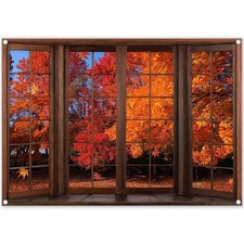 7x5ft Fabric Fall Window Backdrop Autumn Landscape Maple Leaves Forest Scener...