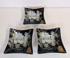 Set of 3 Square Glass Serving Bowls Made in China Floral Birds In Cage Pattern