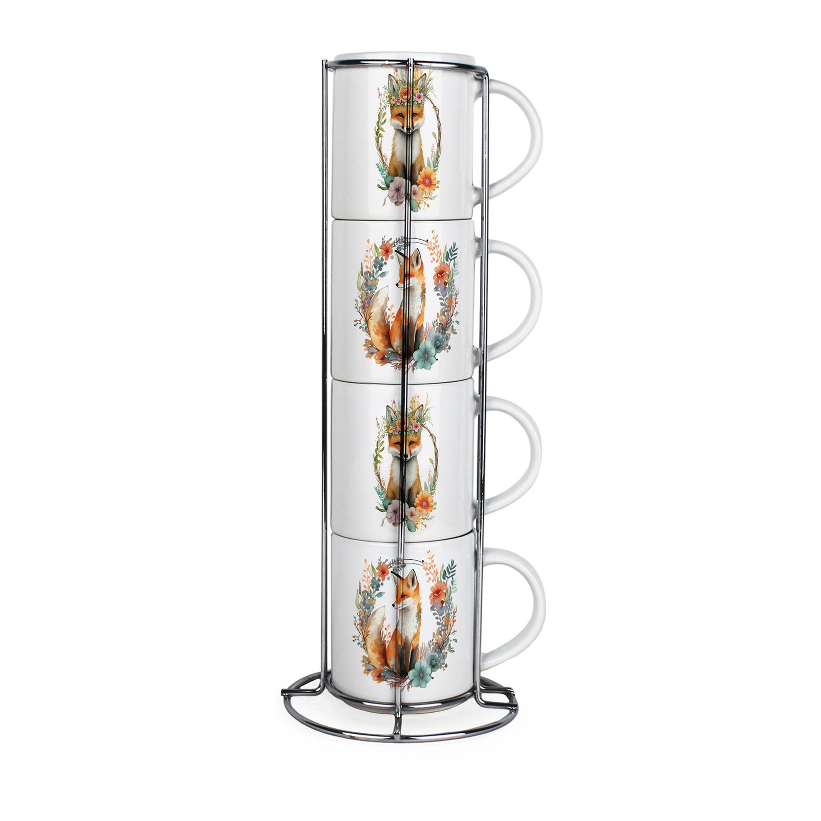 Floral Fox Stacking Mugs Set - Presents for Animal Lovers - Set of 4 Gift