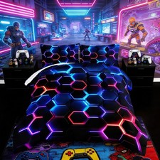 Hexagon Geometric Comforter Set Honeycomb Bedding Sets,Blue Neon Gamer Comfor...