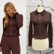 Christian Lacroix Smocked Knit Shirt Ruffle Hem & Sleeves Gold Button Retro