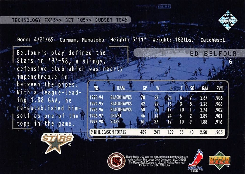 1998-99 UD3 #105 Ed Belfour TSS - Image 2 of 2