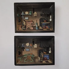 Vintage Erzgebirge Diorama Shadow Box Pair, Primitive German Folk Art Wall Decor