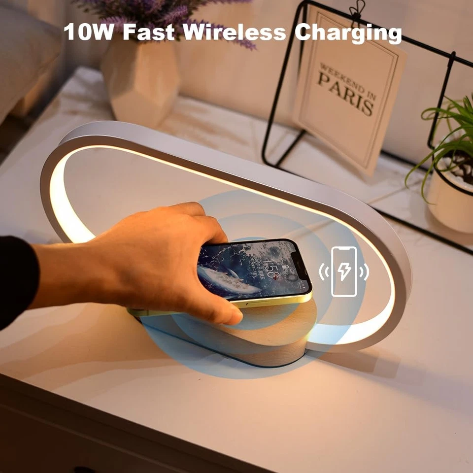 Wireless Charging Bedside Lamp with USB Charging Port,Premium Wooden Nightsta... - Image 2 of 4