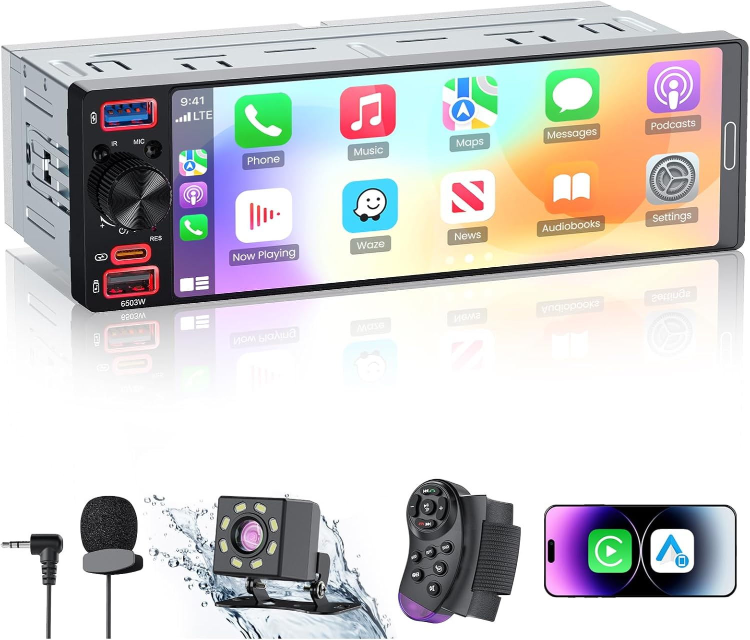 Single Din Car Stereo with Apple CarPlay & Android Auto - 6.5" Touchscreen Radio