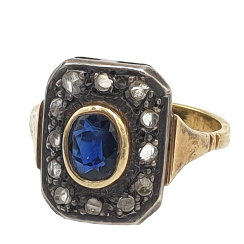 ANELLO STILE ANTICO ORO MASSICCIO 18K E ARGENTO CON ZAFFIRO ROSETTE DI DIAMANTE - Foto 2 di 13