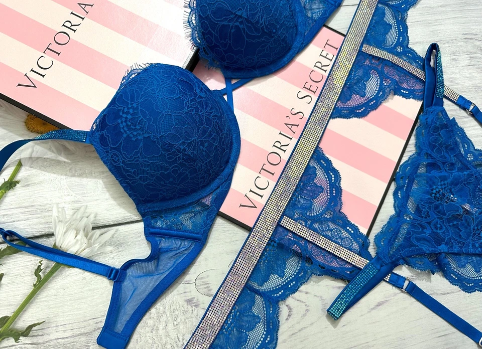 Sutiã Victoria's Secret Bombshell renda push up alça de brilho liga conjunto com 3 peças azul - Imagem 2 de 4